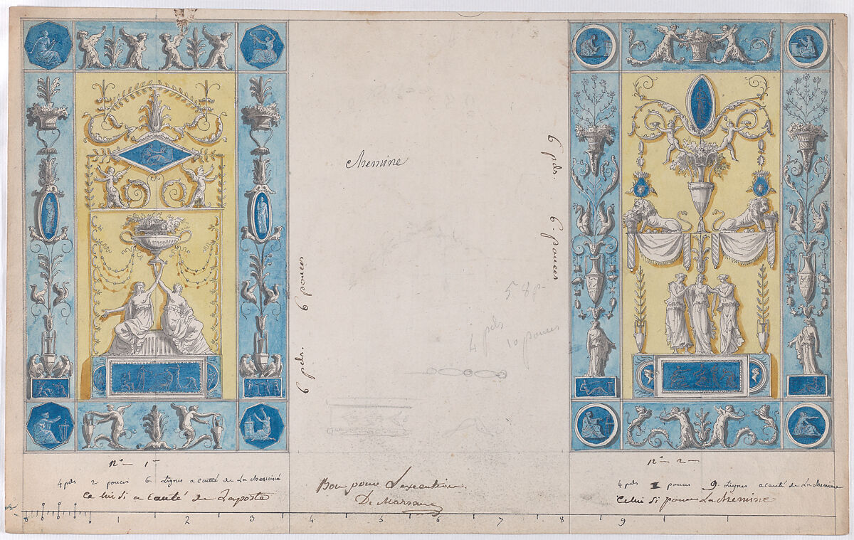 Designs for wall panels, Anonymous, French, 19th century, Pen and ink and watercolor
