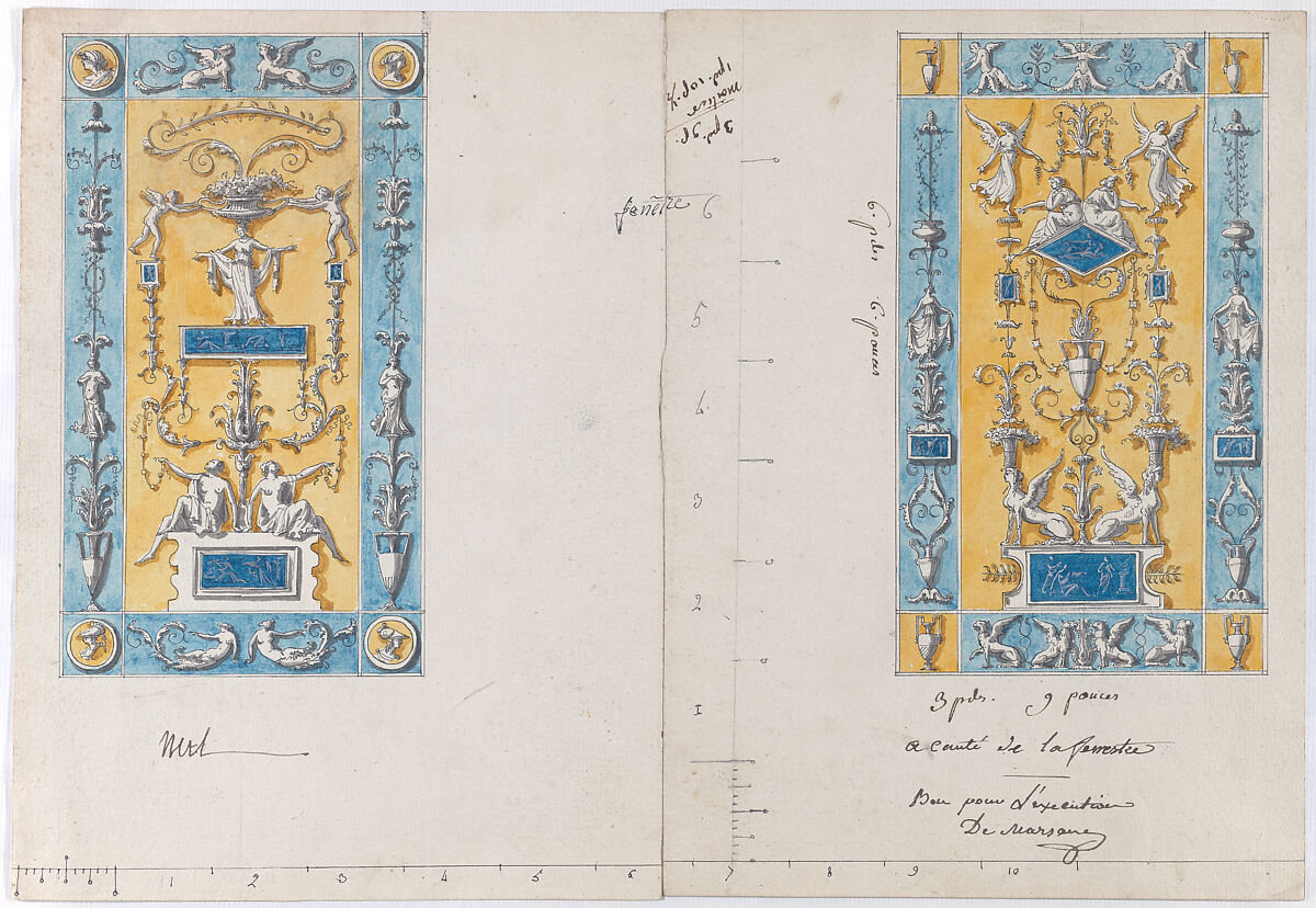 Designs for wall panels, Anonymous, French, 19th century, Pen and ink and watercolor