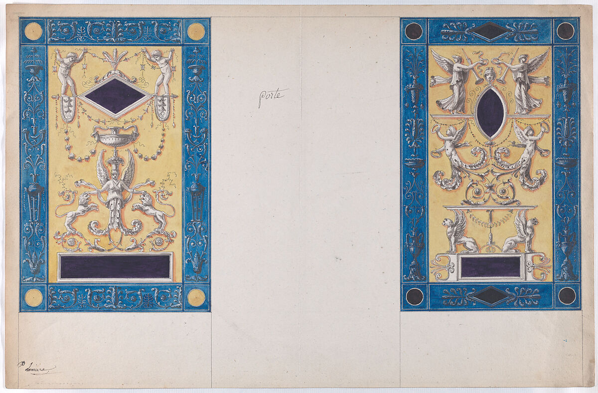 Designs for wall panels, Anonymous, French, 19th century, Pen and ink and watercolor