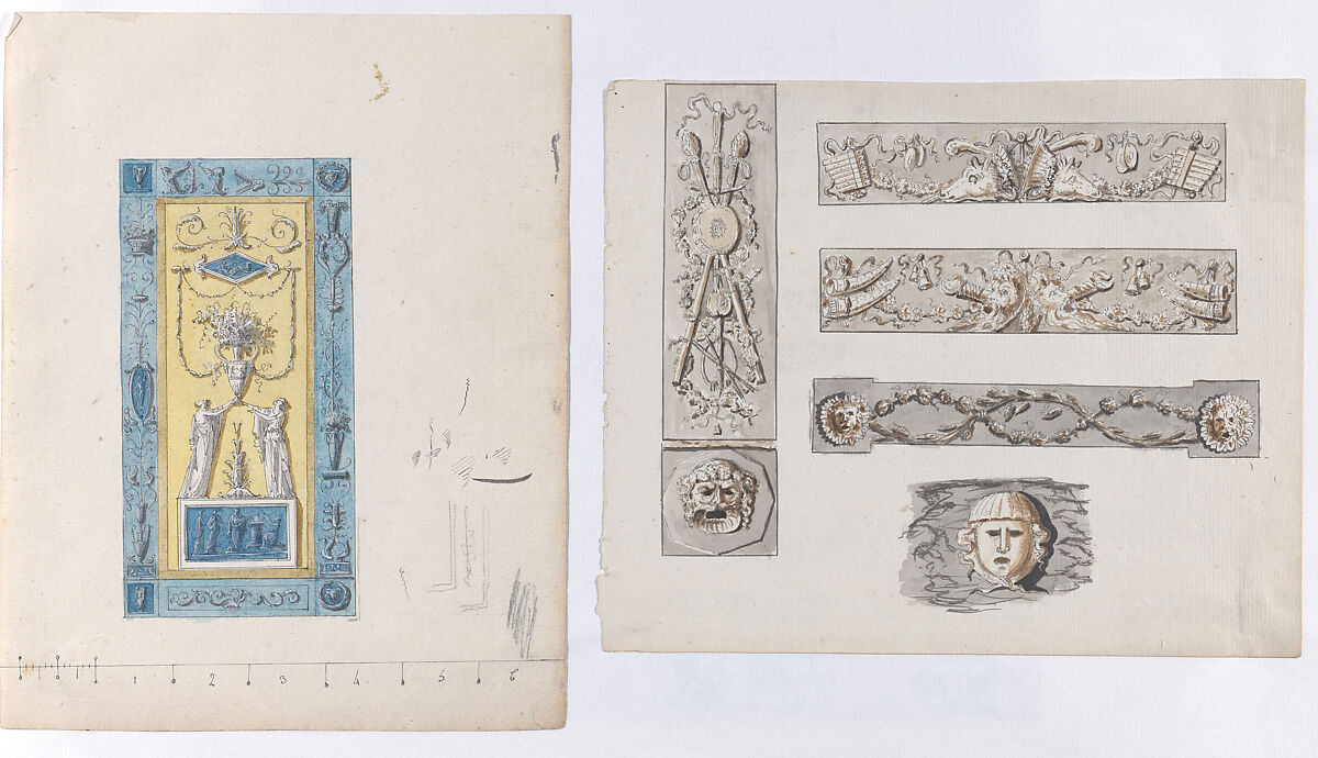 Designs for wall panels, Anonymous, French, 19th century, Pen and ink and watercolor