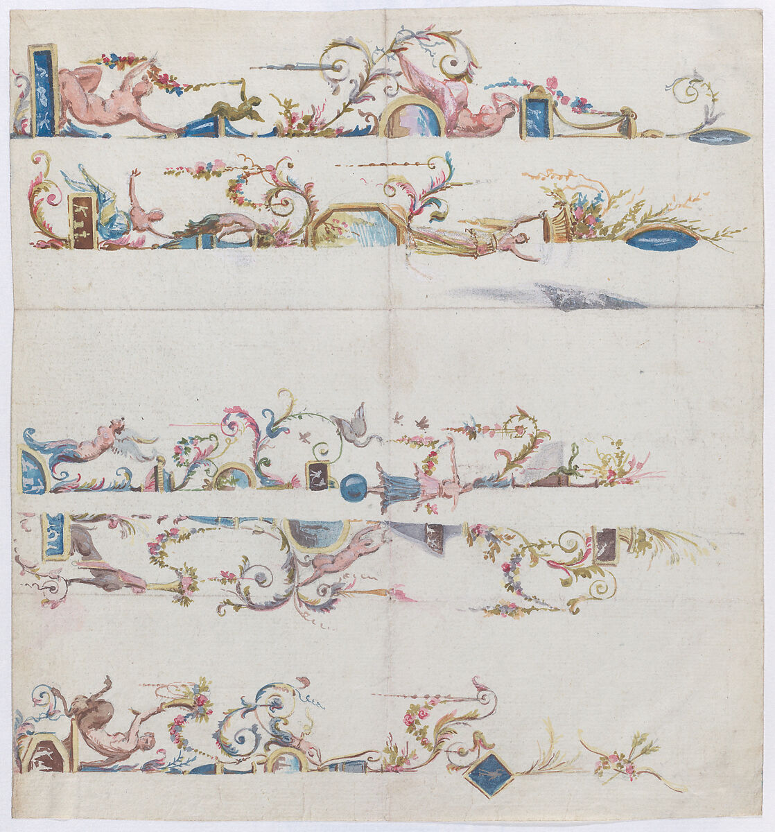 Designs for wall panels, Anonymous, French, 19th century, Pen and ink and watercolor