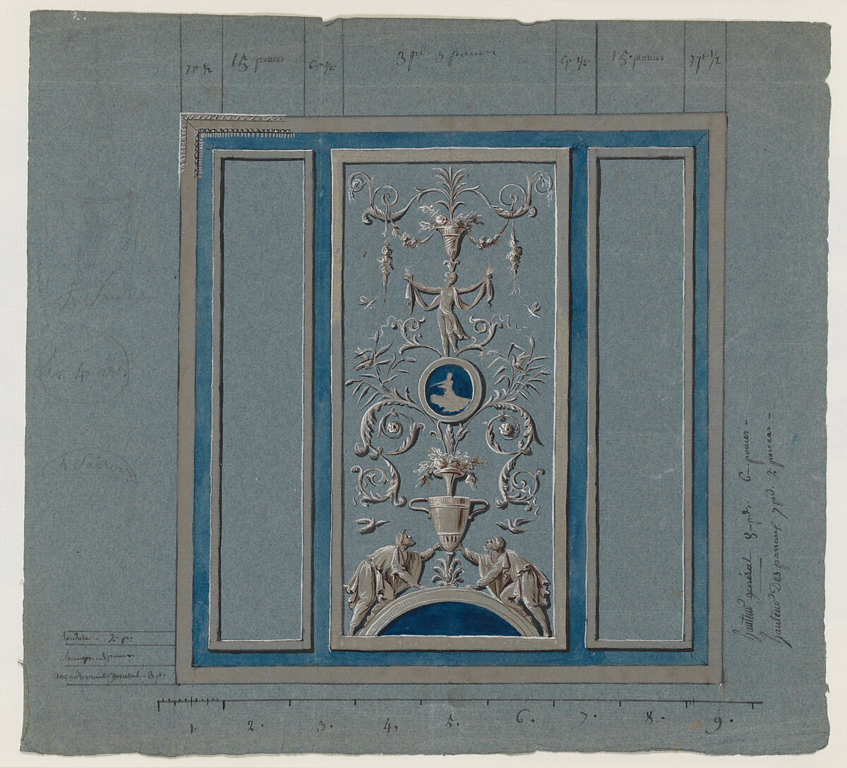 Designs for wall panels, Anonymous, French, 19th century, Pen and ink and watercolor