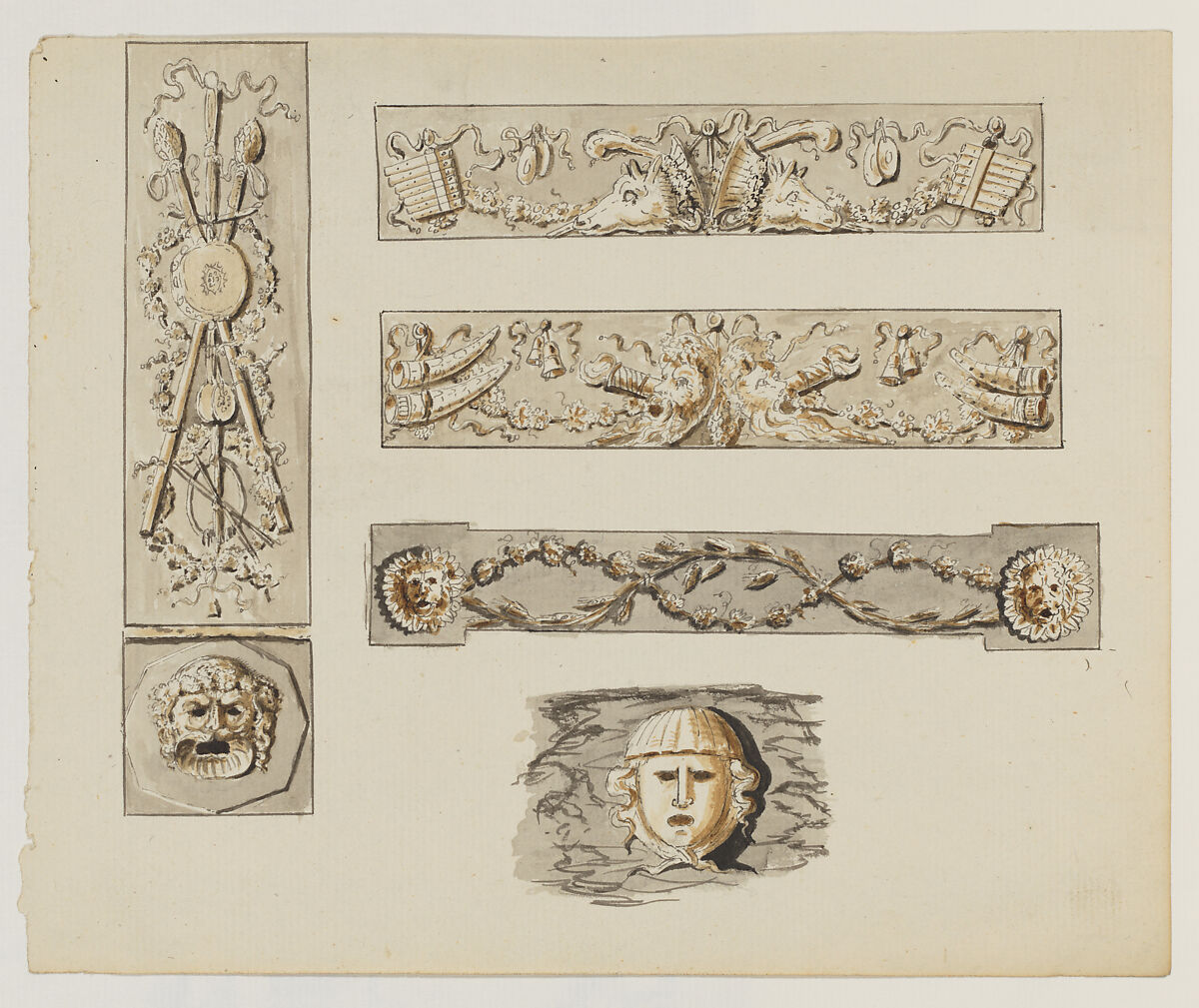 Designs for wall panels, Anonymous, French, 19th century, Pen and ink and watercolor
