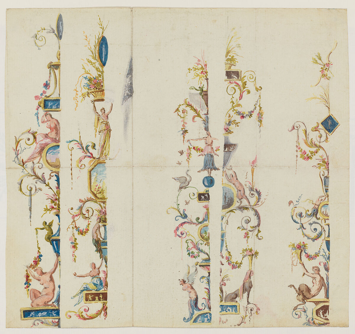 Designs for wall panels, Anonymous, French, 19th century, Pen and ink and watercolor
