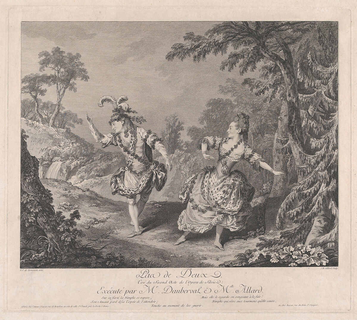 Pas de Deux, Tiré du Second Acte de l'Opera de Sylvie: Exécuté par Mr. Dauberval & Mlle. Allard, Jean-Baptiste Tilliard (French, 1740?–1813), Etching and engraving 