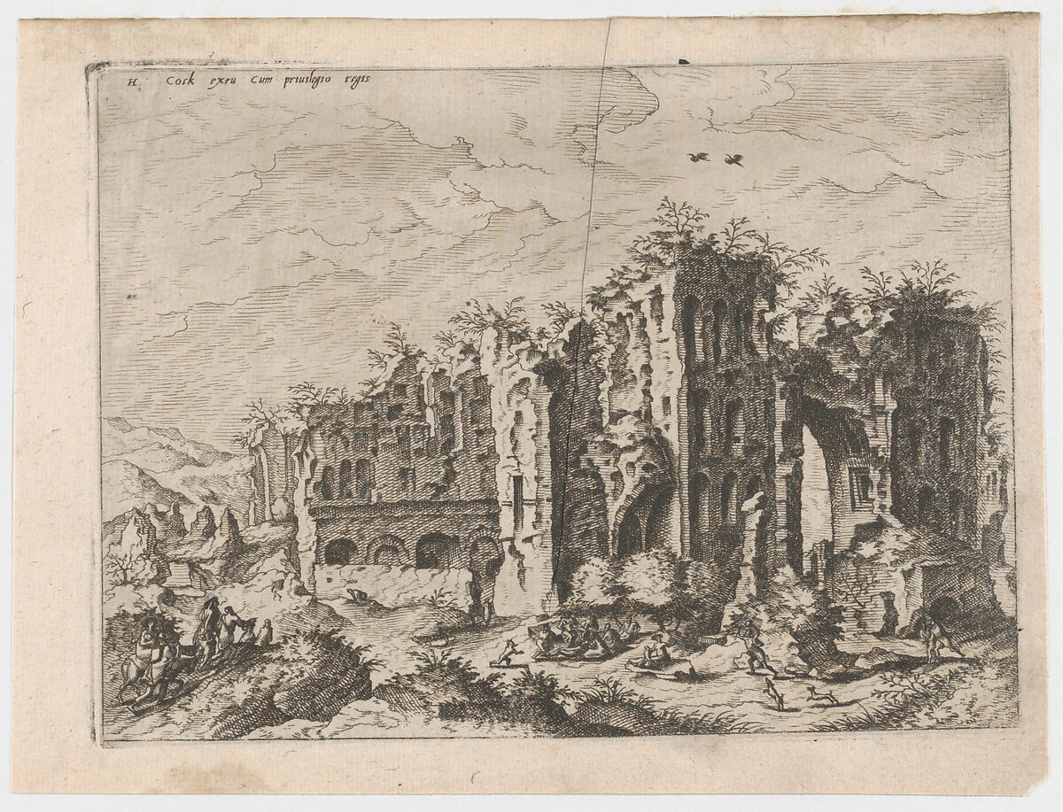Massive Ruins with Many Figures in the Foreground, from "Roman Ruins and Buildings", Johannes van Doetecum I (Netherlandish, 1528/32–1605), Etching 
