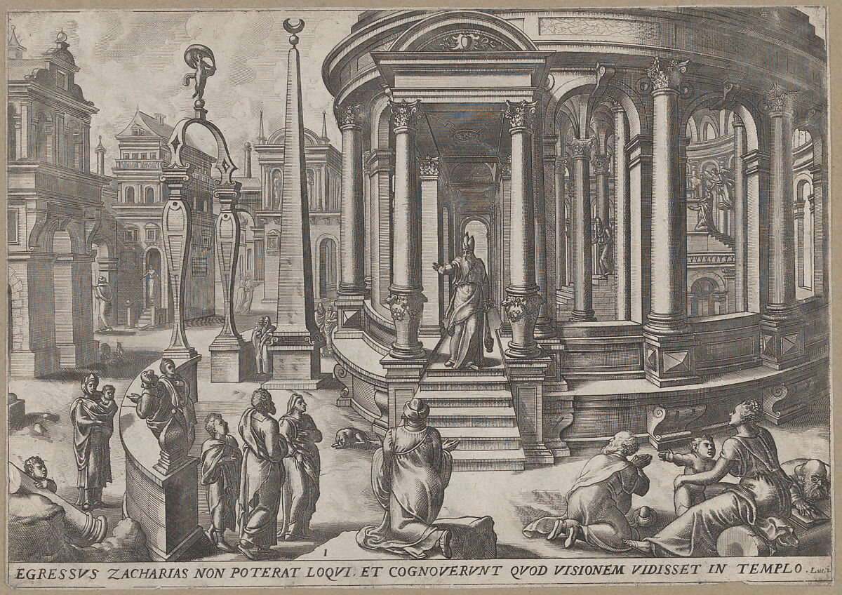 Zacharias Stepping out of the Temple, from "Events in and around the Temple", Jan and Lucas van Doetecum (Dutch, active ca. 1558), Etching and engraving 