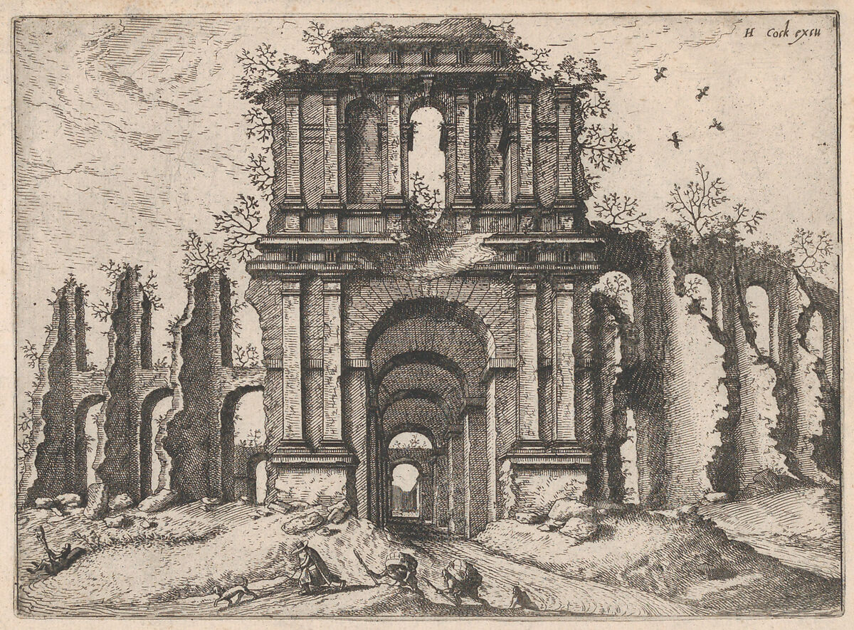 Two Story Entrance Flanked by Coupled Pilasters, from "Roman Ruins and Buildings", Johannes van Doetecum I (Netherlandish, 1528/32–1605), Etching and engraving 