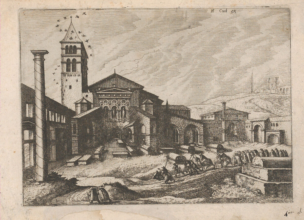 City with a Column and a Church, from "Roman Ruins and Buildings", Johannes van Doetecum I (Netherlandish, 1528/32–1605), Etching and engraving 