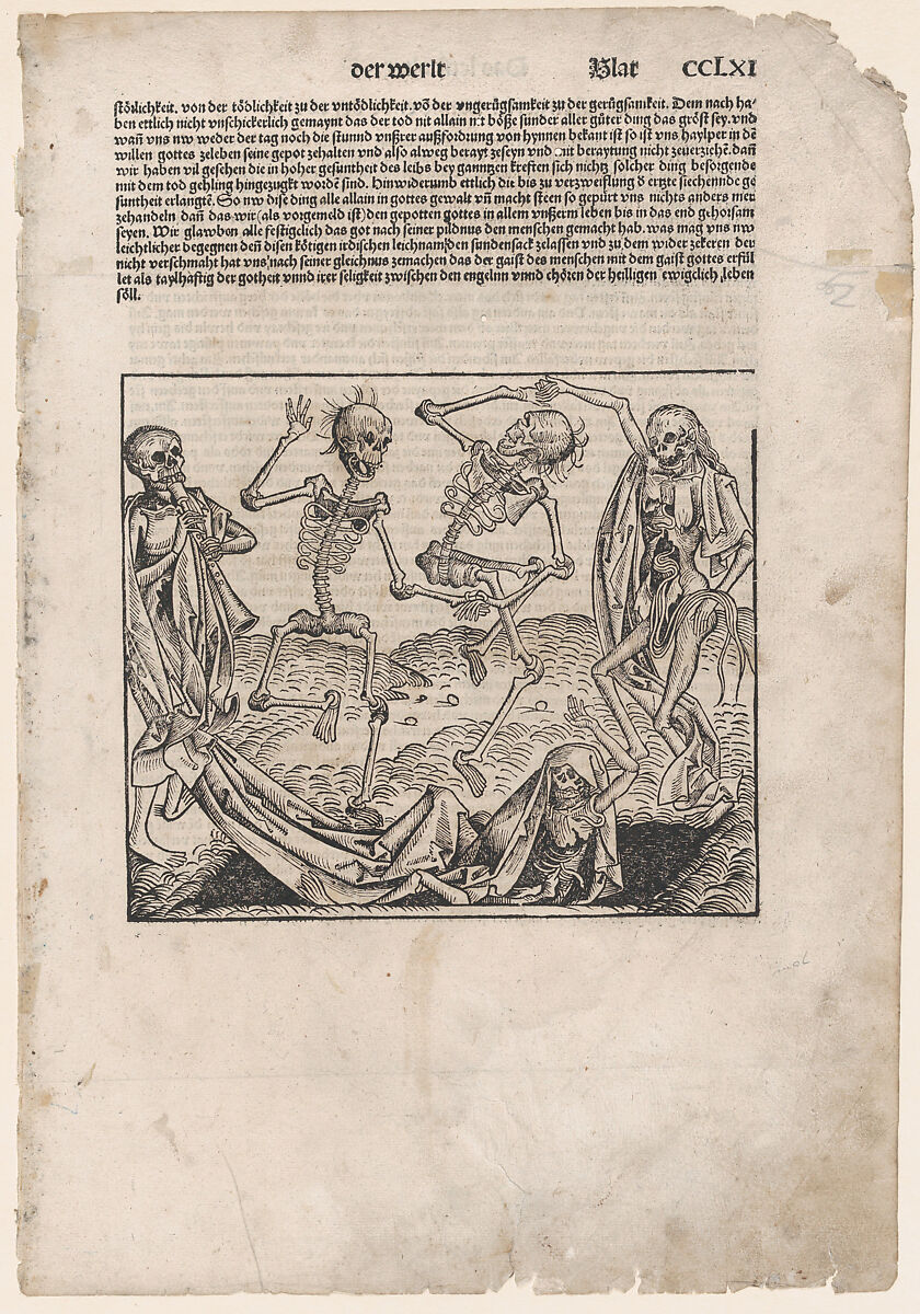 Dance of Death, leaf from "The Nuremberg Chronicle", Michael Wolgemut (German, Nuremberg 1434–1519 Nuremberg), Woodcut and letterpress text 