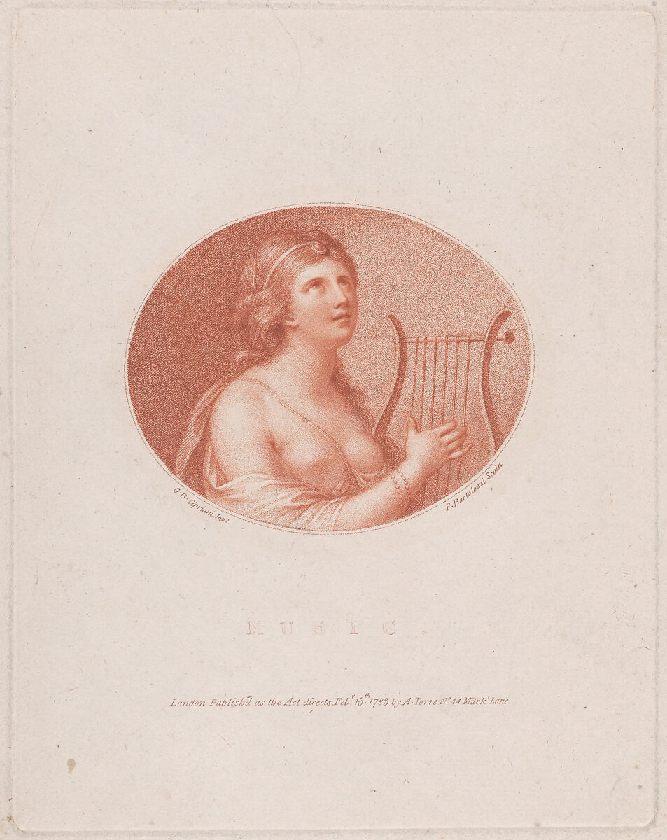 Music, Francesco Bartolozzi (Italian, Florence 1728–1815 Lisbon), Stipple engraving and etching; printed in red ink; fourth (?) state of five 