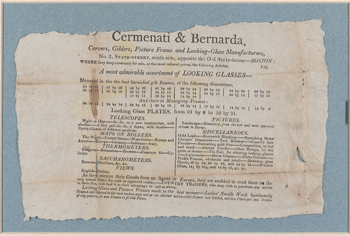 Printed Advertisement, Cermenati &amp; Bernarda (American, ca. 1805–8), Letterpress 