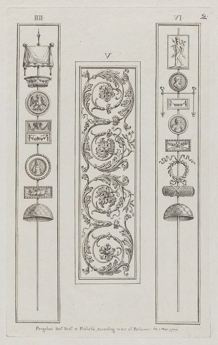Panels of Ornament, nos. IIII–VI, plate 2 from "Designs for Various Ornaments", Michelangelo Pergolesi (Italian, active from 1760–died 1801), Etching; printed in dark brown ink 