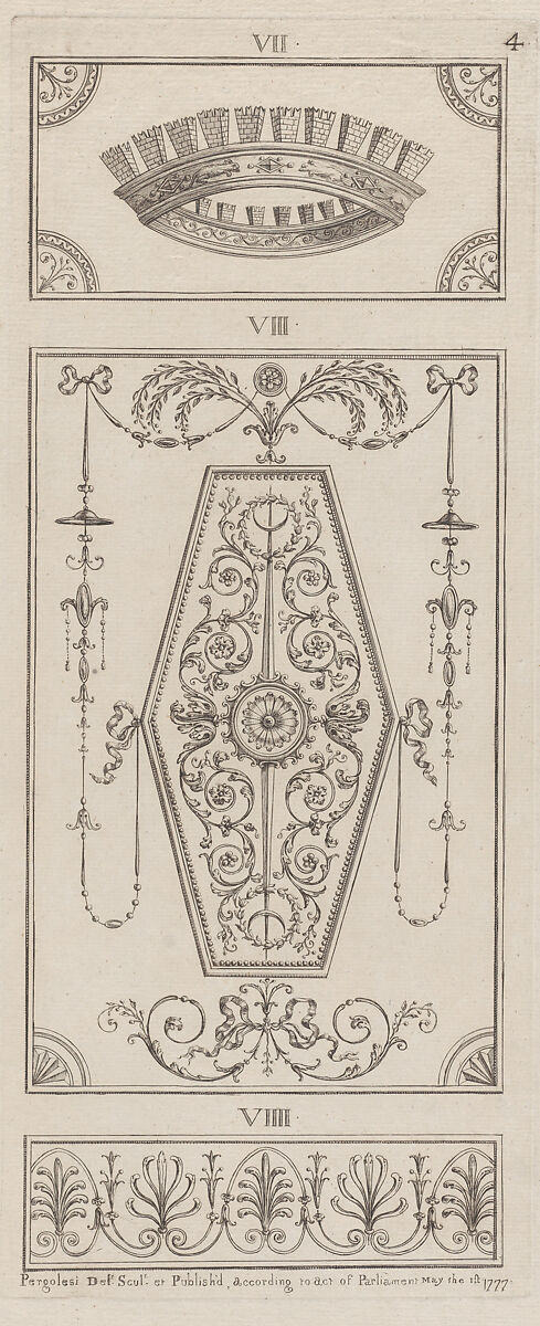 Panels of Ornament, nos. VII–VIIII, plate 4 from "Designs for Various Ornaments", Michelangelo Pergolesi (Italian, active from 1760–died 1801), Etching; printed in dark brown ink 