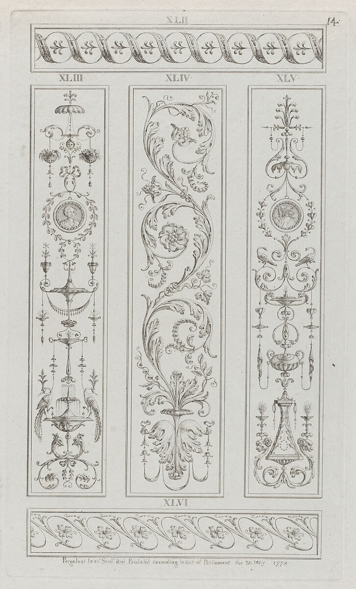 Panels of Ornament, nos. XLII-XLVI, plate 14 from "Designs for Various Ornaments", Michelangelo Pergolesi (Italian, active from 1760–died 1801), Etching; printed in dark brown ink 