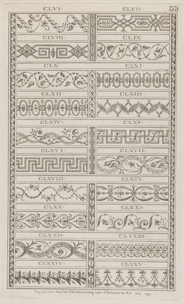 Ornament Designs, nos. CLVI to CLXXV, plate 33 from "Designs for Various Ornaments", Michelangelo Pergolesi (Italian, active from 1760–died 1801), Etching; printed in dark brown ink 