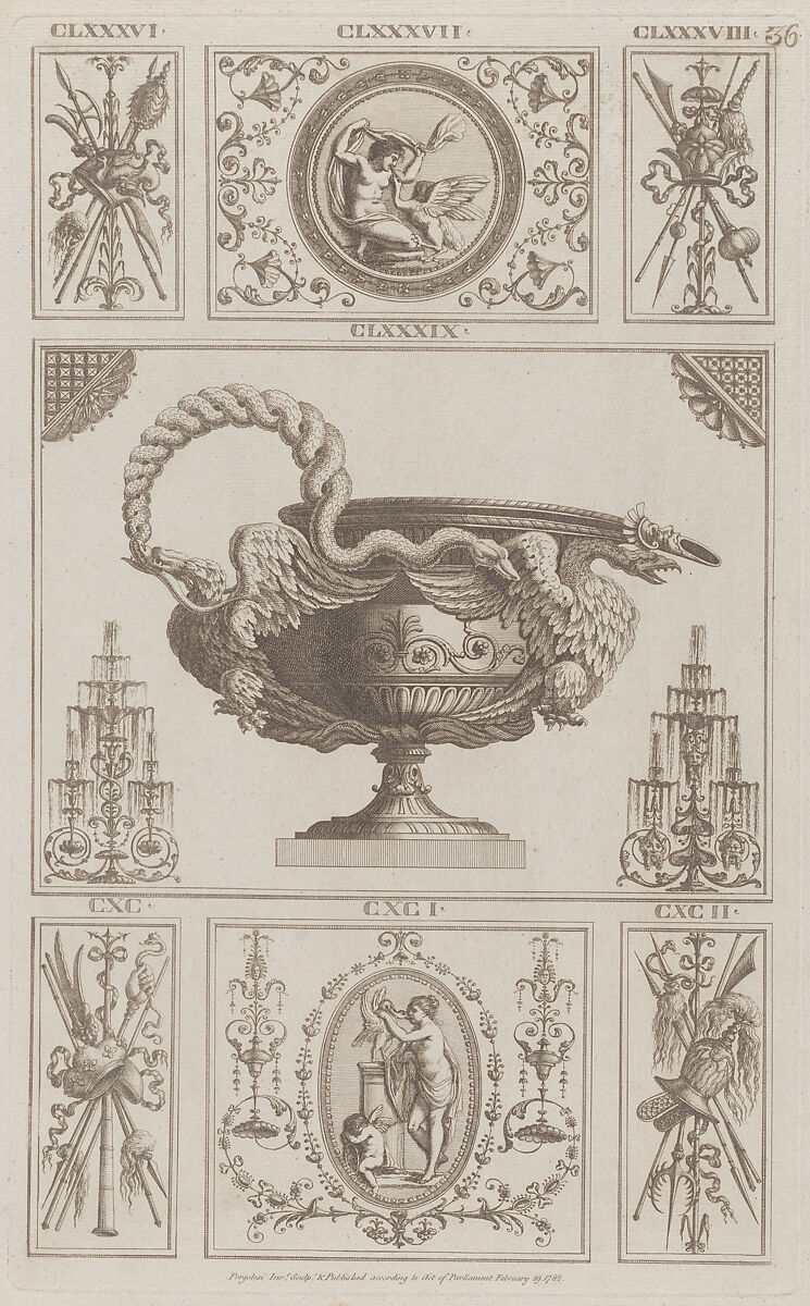 Panels of Ornament, nos. CLXXXVI–CXCII, plate 36 from "Designs for Various Ornaments", Michelangelo Pergolesi (Italian, active from 1760–died 1801), Etching; printed in dark brown ink 