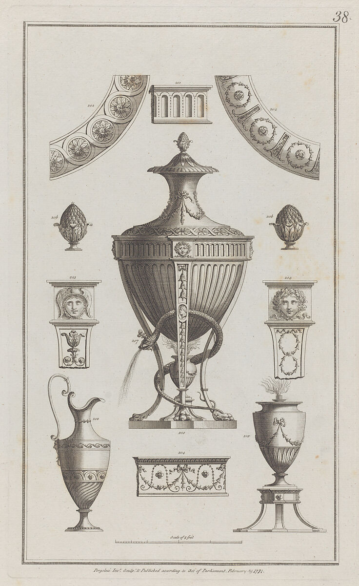Vases and Ornament Designs, nos. 200-208, plate 38 from "Designs for Various Ornaments", Michelangelo Pergolesi (Italian, active from 1760–died 1801), Etching 