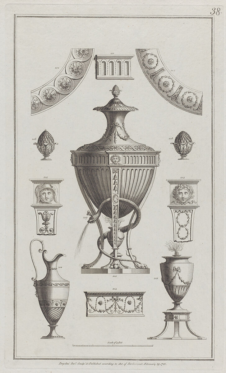 Vases and Ornament Designs, nos. 200-208, plate 38 from "Designs for Various Ornaments", Michelangelo Pergolesi (Italian, active from 1760–died 1801), Etching 