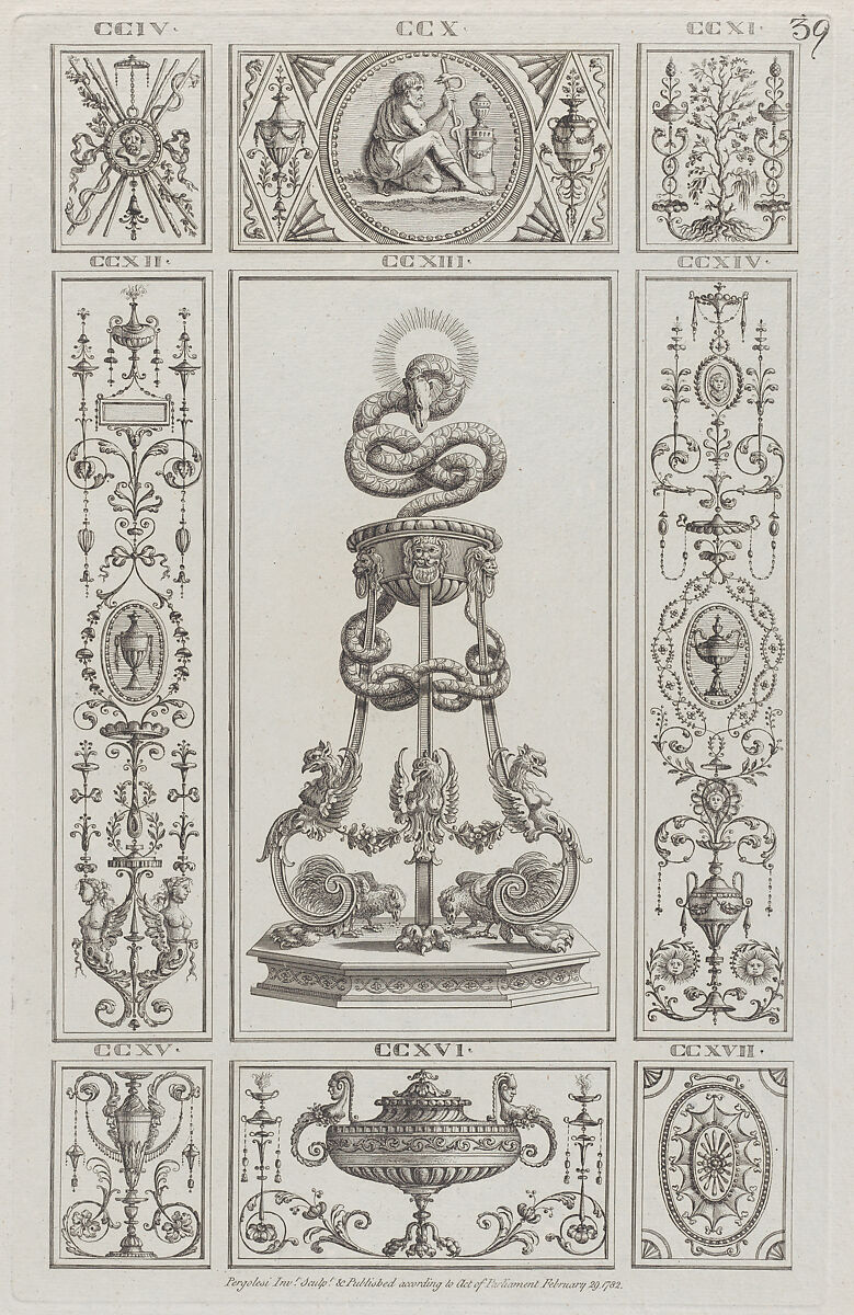 Tripod and Panels of Ornament, nos. CCIV–CCXVII, plate 39 from "Designs for Various Ornaments", Michelangelo Pergolesi (Italian, active from 1760–died 1801), Etching 