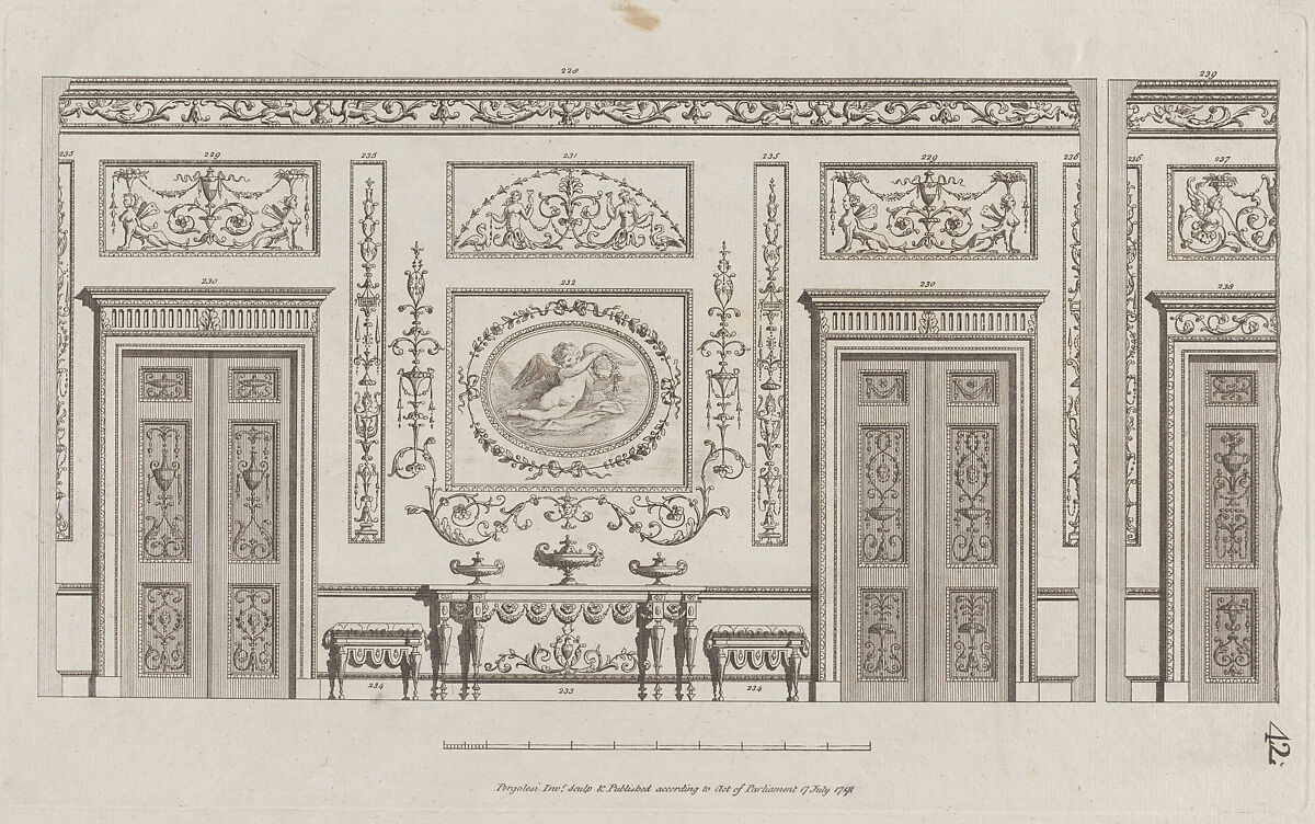 Interior Ornamented Wall with Doors, nos. 228–239, plate 42 from "Designs for Various Ornaments", Michelangelo Pergolesi (Italian, active from 1760–died 1801), Etching 