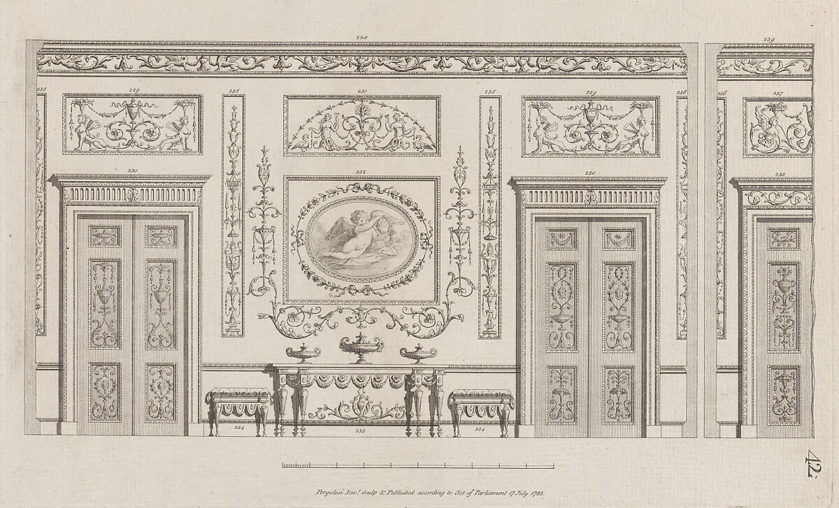 Interior Ornamented Wall with Doors, nos. 228–239, plate 42 from "Designs for Various Ornaments", Michelangelo Pergolesi (Italian, active from 1760–died 1801), Etching 