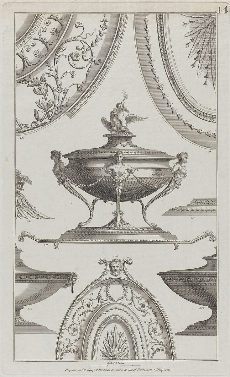 Vases and Vessels, nos. 248–254, plate 44 from "Designs for Various Ornaments", Michelangelo Pergolesi (Italian, active from 1760–died 1801), Etching and engraving 