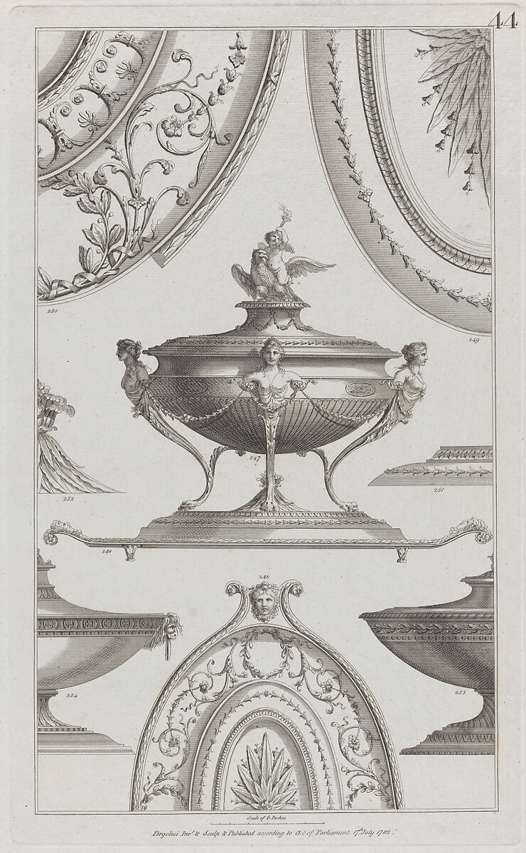 Vases and Vessels, nos. 248–254, plate 44 from "Designs for Various Ornaments", Michelangelo Pergolesi (Italian, active from 1760–died 1801), Etching and engraving 