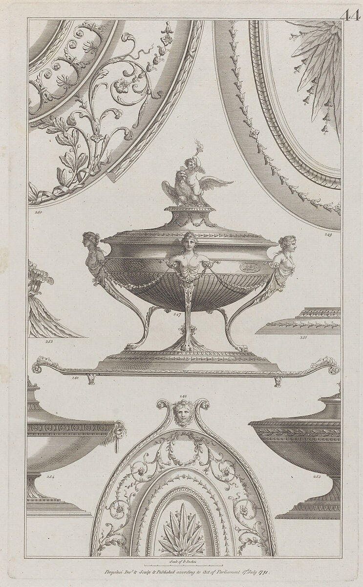 Vases and Vessels, nos. 248–254, plate 44 from "Designs for Various Ornaments", Michelangelo Pergolesi (Italian, active from 1760–died 1801), Etching and engraving 