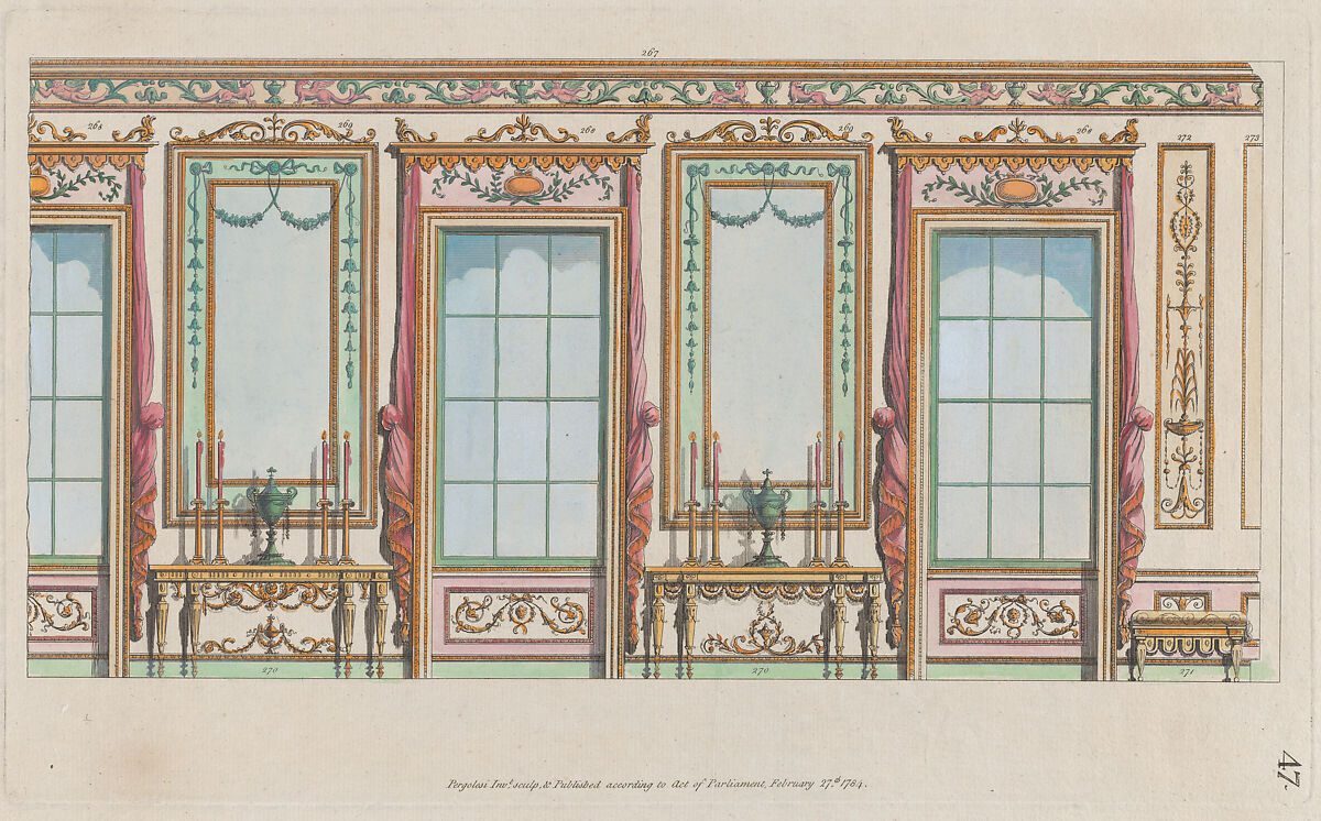 Interior Ornamented Wall with Windows and Pier-Glasses, nos. 267–273, plate 47 from "Designs for Various Ornaments", Michelangelo Pergolesi (Italian, active from 1760–died 1801), Etching and watercolor 