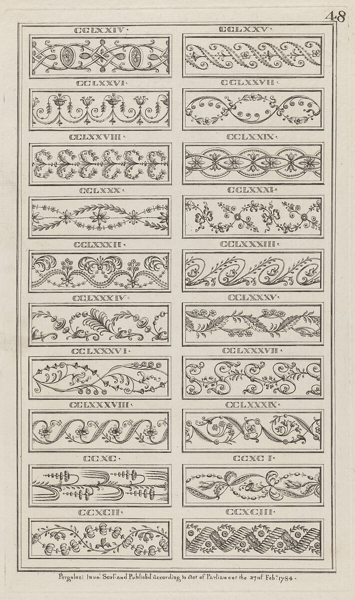 Panels of Ornament, nos. CCLXXIV–CCXCIII, plate 48 from "Designs for Various Ornaments", Michelangelo Pergolesi (Italian, active from 1760–died 1801), Etching; printed in dark brown ink 