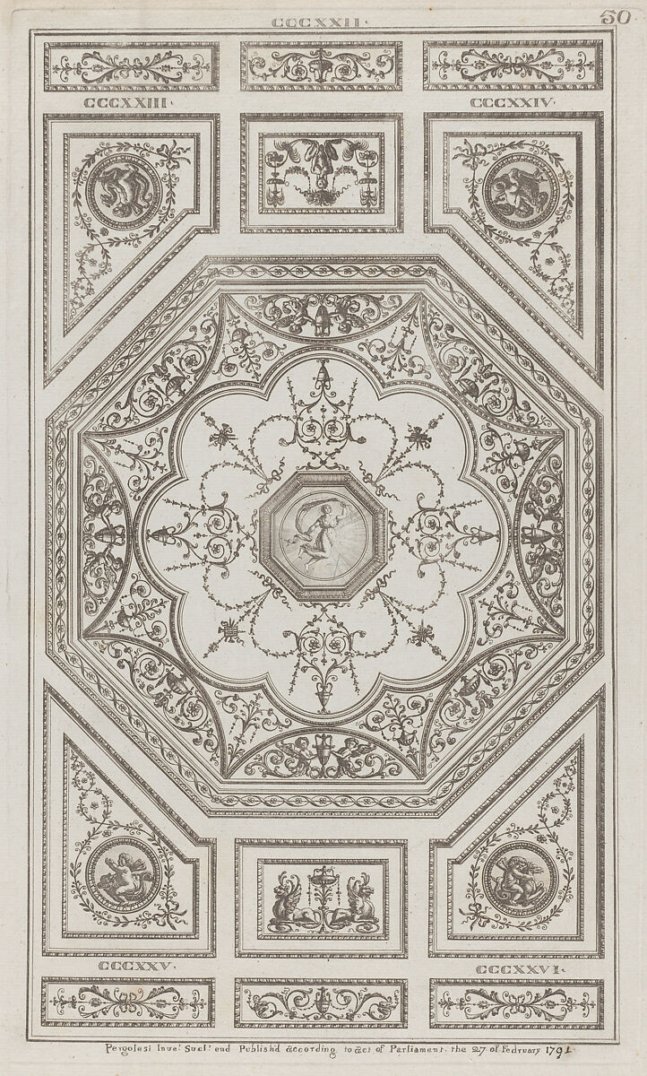 Ceiling Ornament, nos. CCCXXII–CCCXXVI, plate 50 from "Designs for Various Ornaments", Michelangelo Pergolesi (Italian, active from 1760–died 1801), Etching; printed in dark brown ink 
