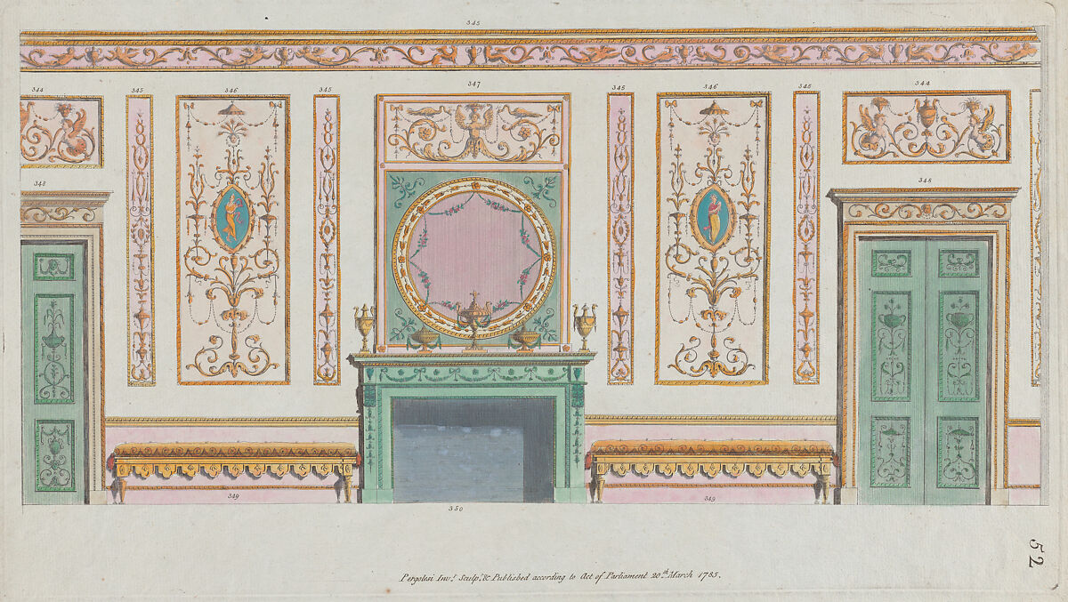 Interior Ornamented Wall with Doors and Fireplace, nos. 344–350, plate 52 from "Designs for Various Ornaments", Michelangelo Pergolesi (Italian, active from 1760–died 1801), Etching; printed in dark brown ink, and watercolor 