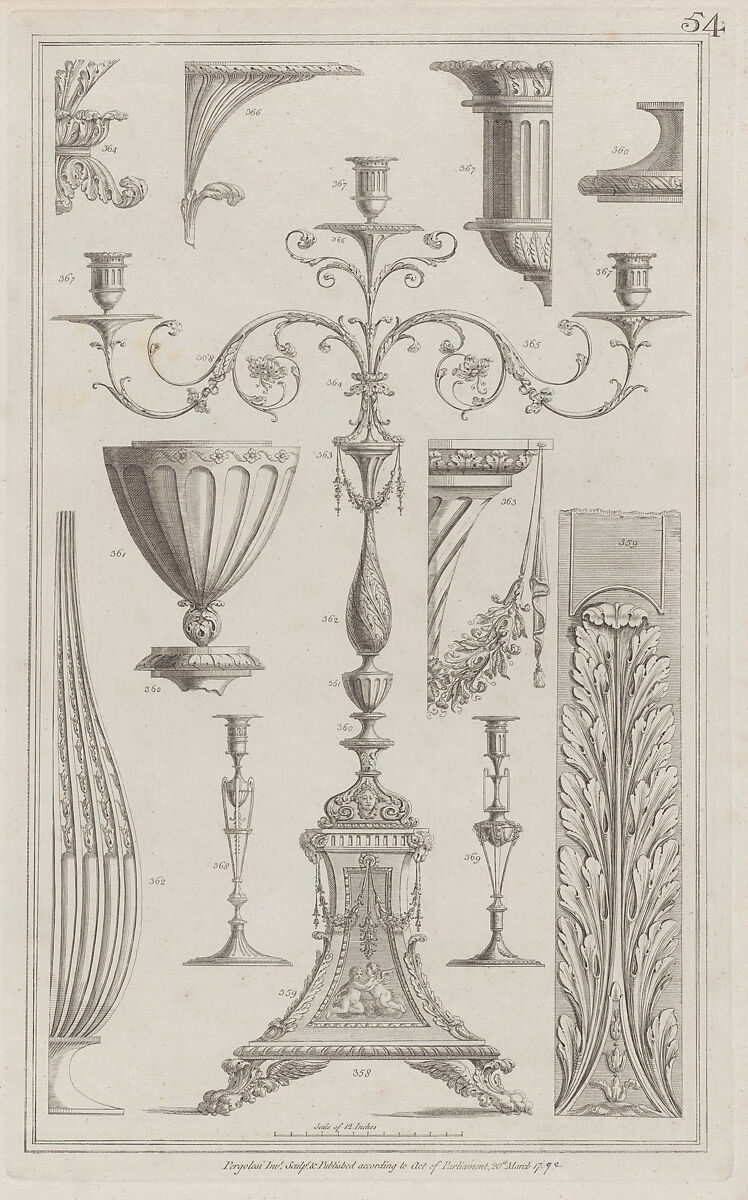 Candelabra, Vessels and Ornament, nos. 358–369, plate 54 from "Designs for Various Ornaments", Michelangelo Pergolesi (Italian, active from 1760–died 1801), Etching and engraving 