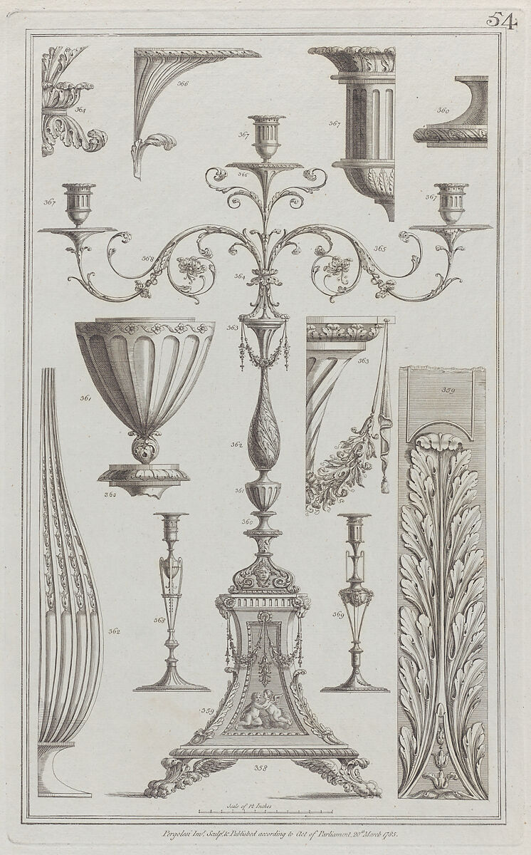 Candelabra, Vessels and Ornament, nos. 358–369, plate 54 from "Designs for Various Ornaments", Michelangelo Pergolesi (Italian, active from 1760–died 1801), Etching and engraving 