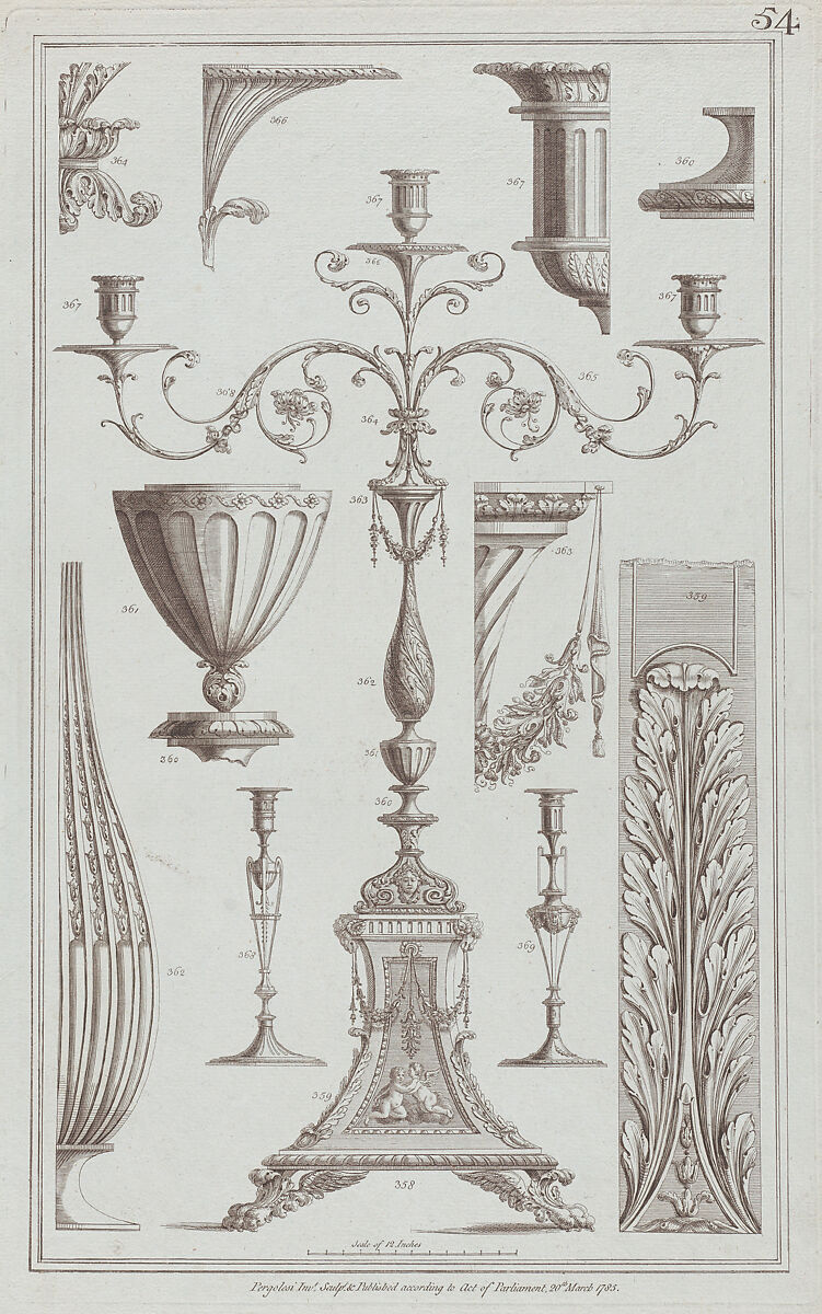 Candelabra, Vessels and Ornament, nos. 358–369, plate 54 from "Designs for Various Ornaments", Michelangelo Pergolesi (Italian, active from 1760–died 1801), Etching and engraving, printed in brown ink 