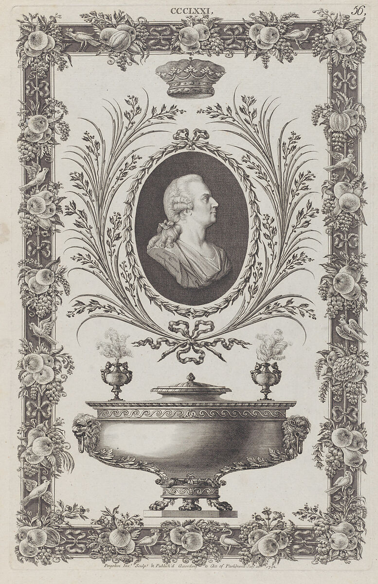 Portrait of the Duke of Northumberland,  Vase and Ornamental Frame, no. CCCLXXI, plate 56 from "Designs for Various Ornaments", Michelangelo Pergolesi (Italian, active from 1760–died 1801), Etching 