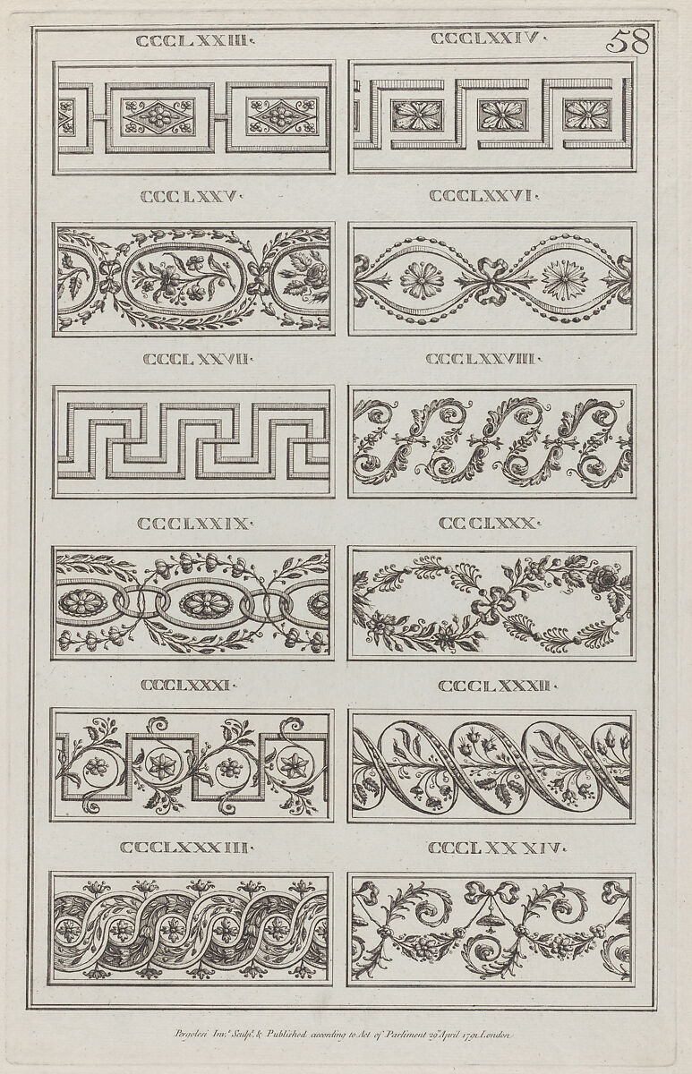 Panels of Ornament, nos. CCCLXXIII–CCLXXXIV, plate 58 from "Designs for Various Ornaments", Michelangelo Pergolesi (Italian, active from 1760–died 1801), Etching 