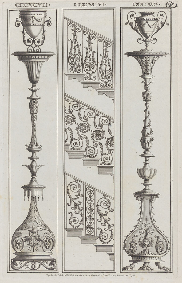 Candelabra Designs and Stair Railing Designs, nos. CCCXCV–CCCXCVII and 398–400, plate 60 from "Designs for Various Ornaments", Michelangelo Pergolesi (Italian, active from 1760–died 1801), Etching 