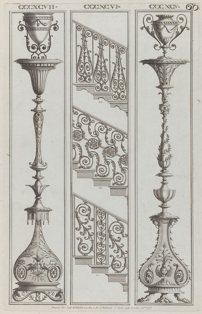 Candelabra Designs and Stair Railing Designs, nos. CCCXCV–CCCXCVII and 398–400, plate 60 from "Designs for Various Ornaments", Michelangelo Pergolesi (Italian, active from 1760–died 1801), Etching 