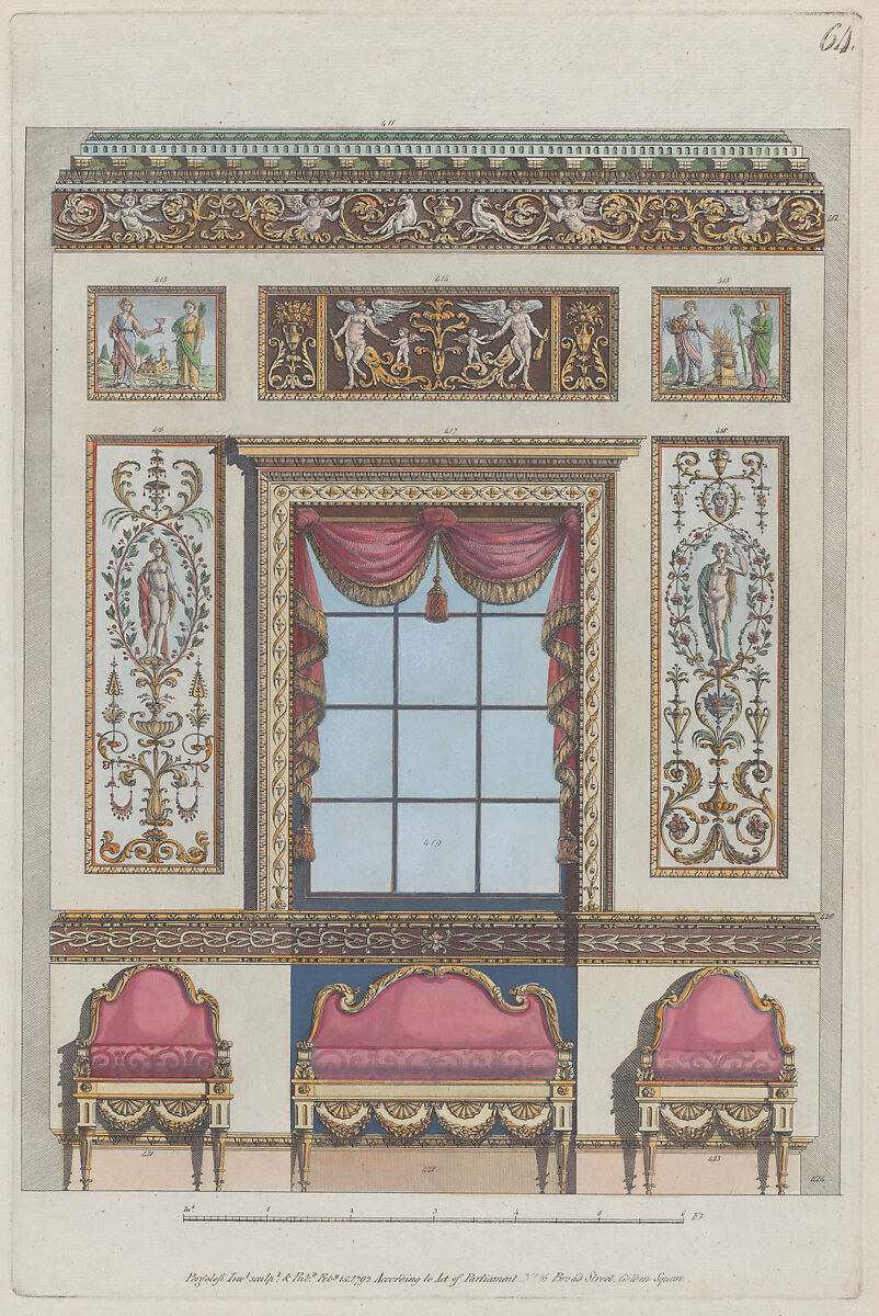Interior Ornamented Wall with Window and Furniture, nos. 411–424, plate 64 from "Designs for Various Ornaments", Michelangelo Pergolesi (Italian, active from 1760–died 1801), Etching and watercolor 