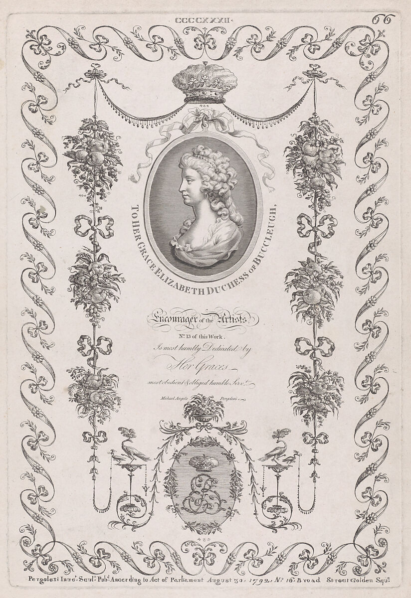 Portrait of the Duchess of Buccleugh and Ornament, nos. CCCCXXXII, 433, 435, plate 66 from "Designs for Various Ornaments", Michelangelo Pergolesi (Italian, active from 1760–died 1801), Etching 