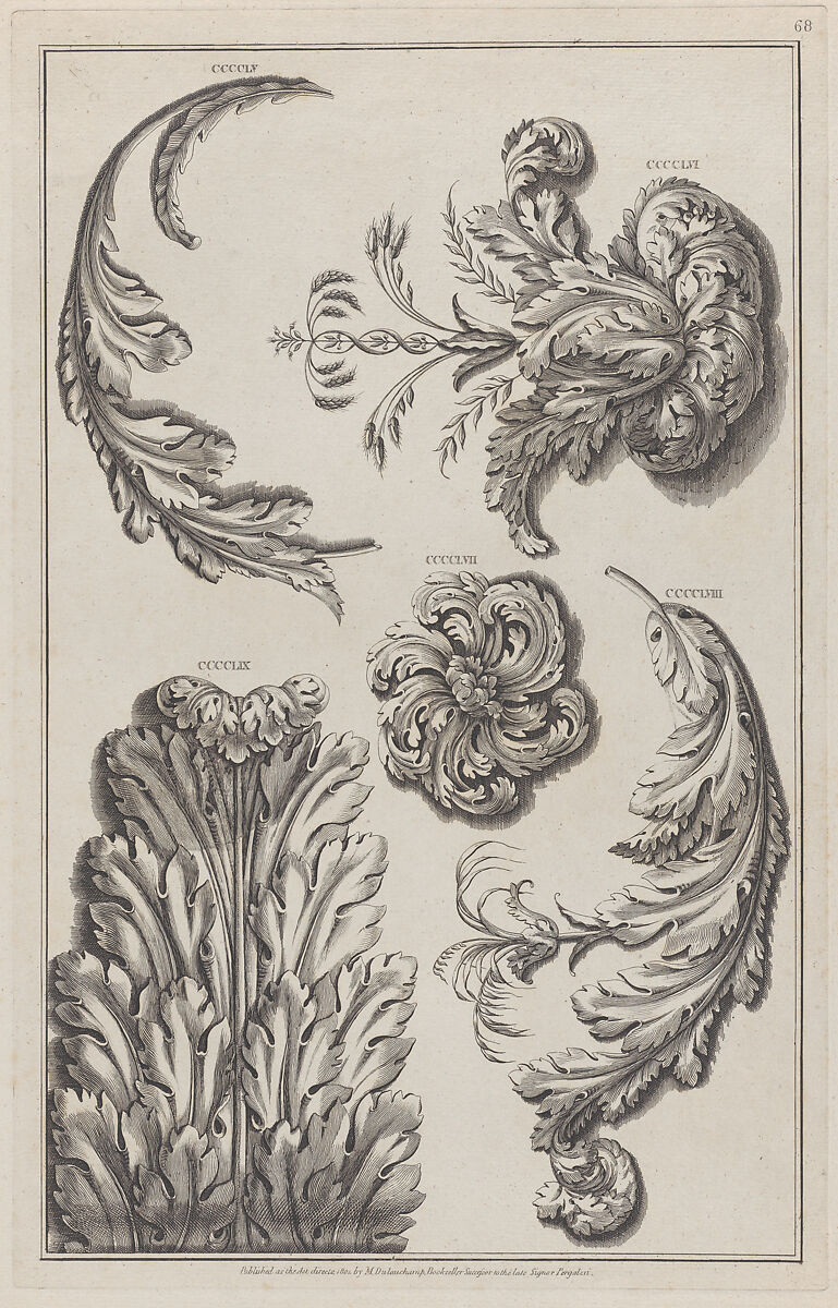 Varieties of Leaf Ornament, nos. CCCCLV–CCCCLIX, plate 68 from "Designs for Various Ornaments", After Michelangelo Pergolesi (Italian, active from 1760–died 1801), Etching 