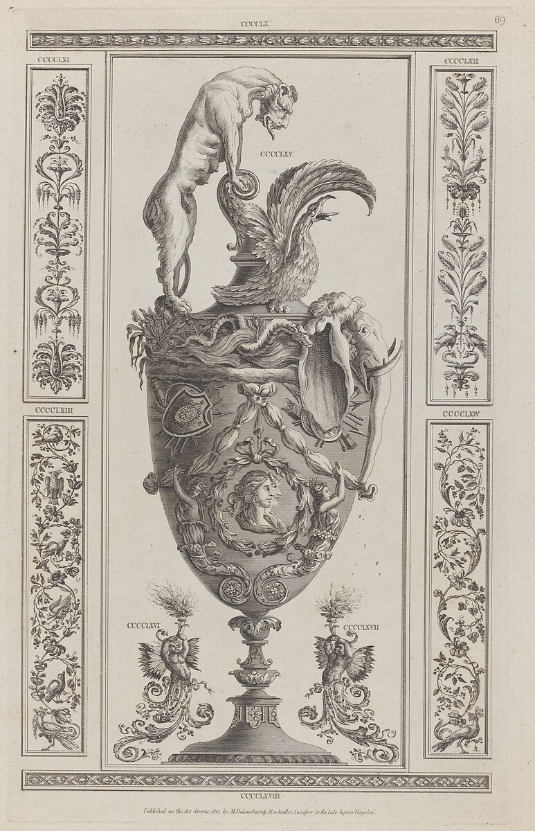 Vases and Ornament, nos. CCCCLX–CCCCLXVIII, plate 69 from "Designs for Various Ornaments", After Michelangelo Pergolesi (Italian, active from 1760–died 1801), Etching 