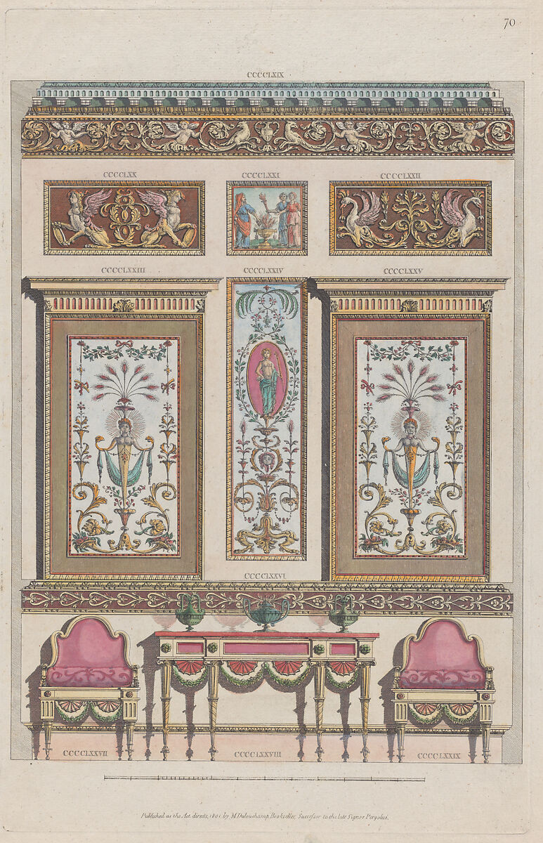 Interior Ornamented Wall, nos. CCCCLXIX–CCCCLXXIX, plate 70 from "Designs for Various Ornaments", After Michelangelo Pergolesi (Italian, active from 1760–died 1801), Etching and watercolor 