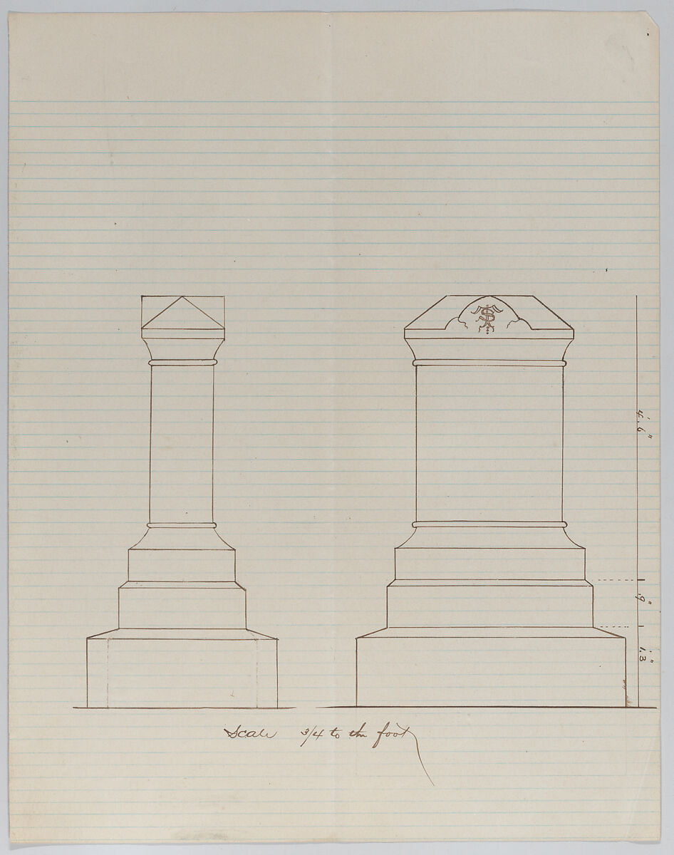 Grave Monument Design (Two Elevations), Alexander Maxwell (American, active 1838–80), Brown ink