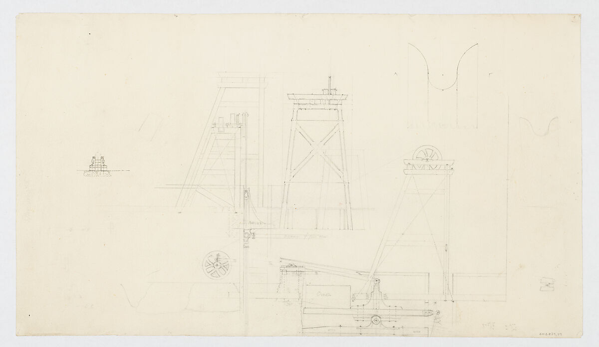 Grave Monument with Vase, for "Rhodes" (recto); Scaffolding and pulley systems (verso), Alexander Maxwell (American, active 1838–80), Ink and wash (recto); graphite (verso)