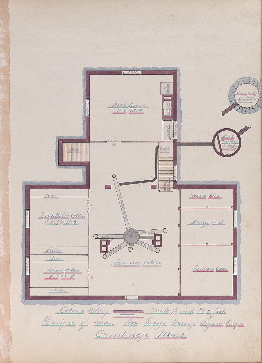 Portfolio containing Six Designs for the George Henry Lyon House, Cambridge, Massachusetts, Anonymous, American, 19th century, Pen and ink, wash and watercolor