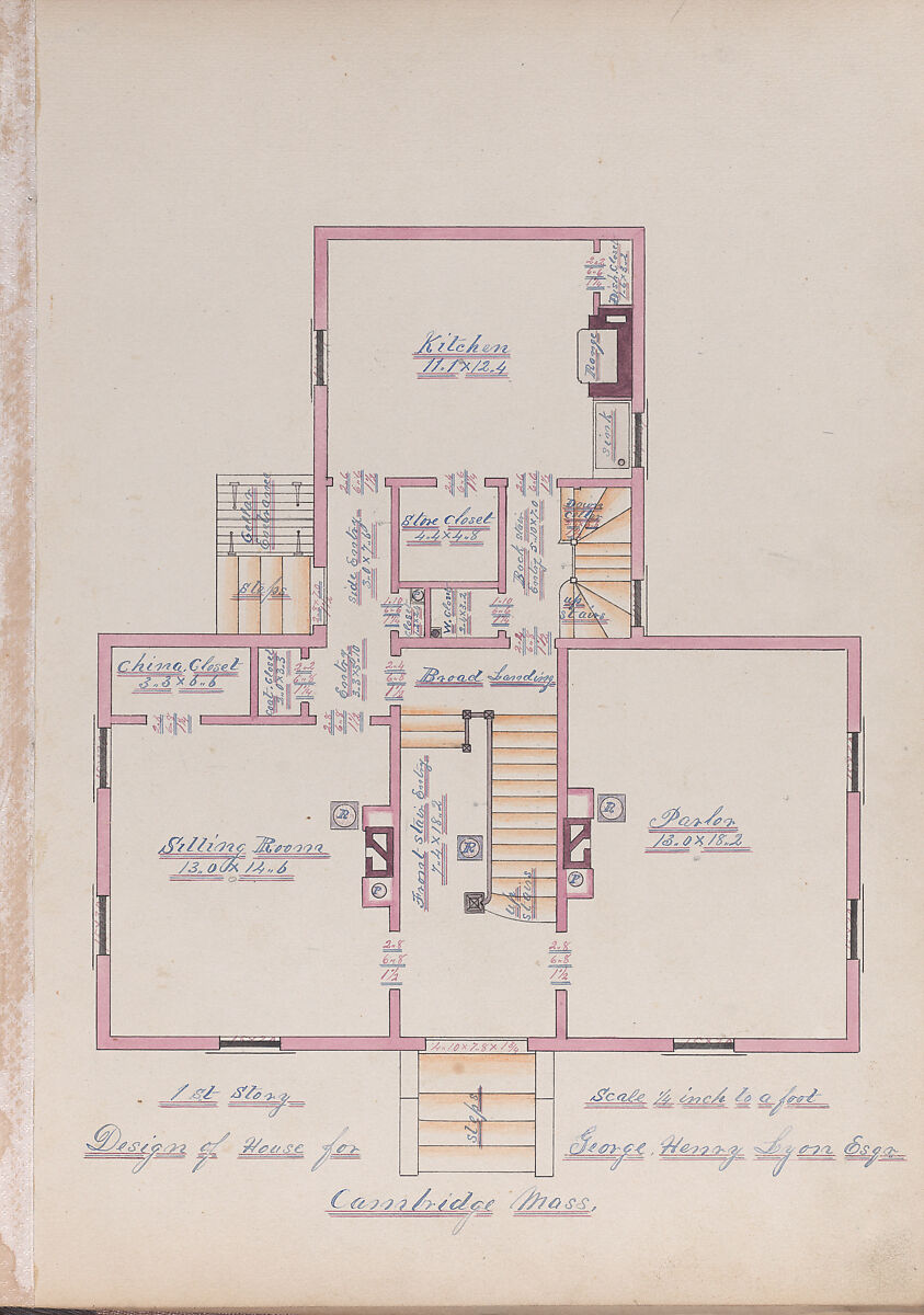 Portfolio containing Six Designs for the George Henry Lyon House, Cambridge, Massachusetts, Anonymous, American, 19th century, Pen and ink, wash and watercolor