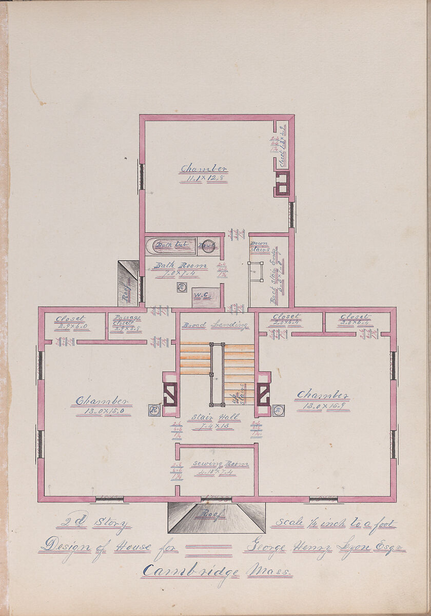 Portfolio containing Six Designs for the George Henry Lyon House, Cambridge, Massachusetts, Anonymous, American, 19th century, Pen and ink, wash and watercolor